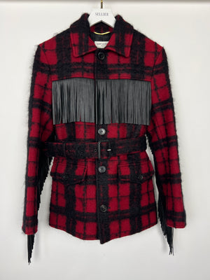 Saint Laurent Red 
Black Lumberjack Jacket with Leather Fringe and Belt Details Size FR 38 (UK 10)