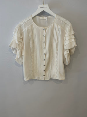 Chloé White Silk Cardigan Top with Embroideries and Silver Buttons Size FR 36 (UK 8)