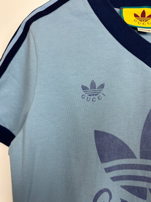 Gucci X Adidas Light Blue Logo V Neck T-Shirt Size IT M (UK 10)