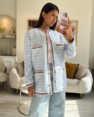 Gucci Spring / Summer 2018 Sky Blue Tweed Long Jacket with Pink, Blue 
Cream Lapels and Gold Buttons Details Size IT 38 (UK 6)