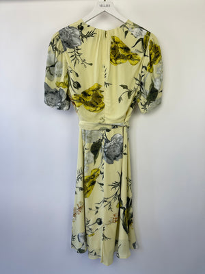 Erdem Yellow Floral Midi Dress with Bow Detail Size UK 10