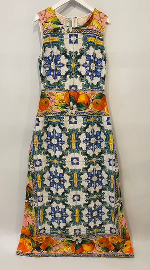 Dolce 
Gabbana Sicily Orange Printed Multicolour Maxi Sleeveless Dress Size IT 40 (UK 8)