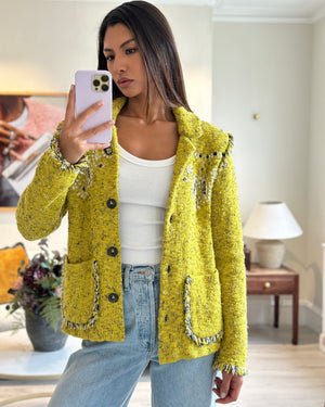 Alanui Yellow Long Sleeve Paisley Print Jacket with Frayed Edges and Pocket Detail Size S (UK 8)