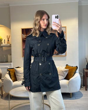 Burberry Navy Classic Trench Coat with Belt and Button Details Size UK 8