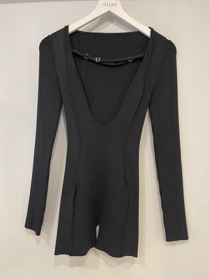 Jacquemus Black Knitted Long-Sleeve Playsuit with Low Back and Gold Zip Detail Size FR 36 (UK 8)