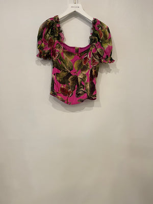 Dolce 
Gabbana Pink Fig Printed Silk Corset Top with Puffy Sleeves Size IT 42 (UK 10) RRP £1,050