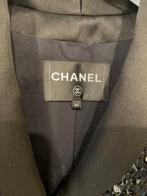 *HOT* Chanel Black and Blue Sequin Embellished Jacket with Satin Collar Detail Size FR 34 (UK 6)