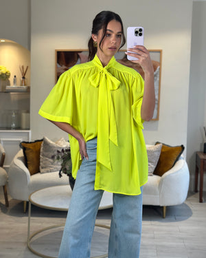 Balenciaga Neon Yellow Short-Sleeve Shirt with Bow Detail Size FR 38 (UK 10)