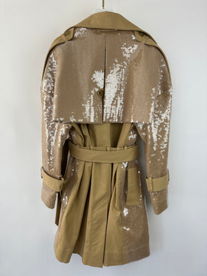 David Koma Beige Sequin Belted Trench Coat Size UK 8