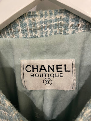 Chanel 1997 Vintage Baby Blue, Brown and White Tweed Jacket with CC Button Details Size FR 34 (UK 6)