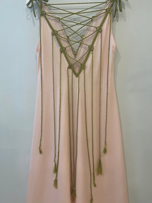 My Beachy Side Baby Pink Maxi Dress with Green Rope Details Size S (UK 8)