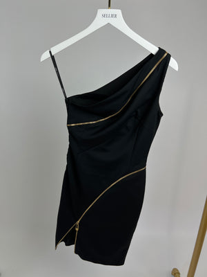 Versus Versace Black One Shoulder Sleeveless Mini Dress with Gold Zip Detail Size IT 38 (UK 6)