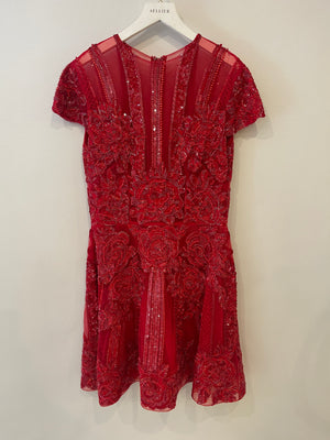 Zuhair Murad Red Sequin Embellished Short-Sleeve Mini Dress Size IT 44 (UK 12)