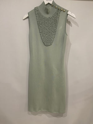 Chanel Pastel Green Textured Sleeveless Midi Dress with CC Pearl Button Details Size FR 36 (UK 8)