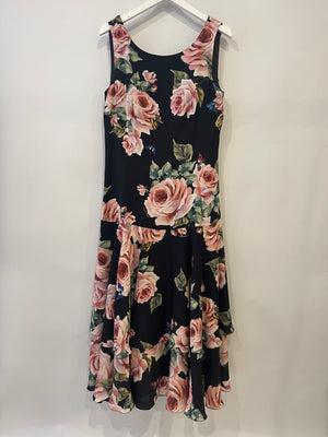 Dolce 
Gabbana Black and Pink Silk Floral Printed Layered Midi Dress Size IT 42 (UK 10)