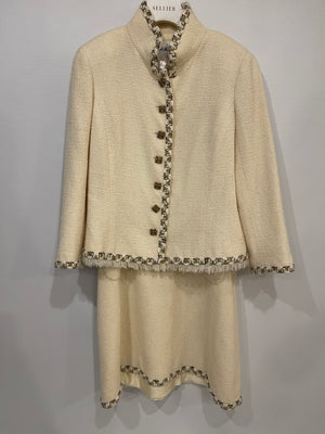 Chanel Paris-Byzance Cream Sleeveless Tweed Dress and Jacket Set with Embellished Button Details Size FR 40/44 (UK 12/16)