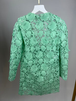 Giambattista Valli Mint Green Macrame Lace Coat with Silk Bow Closure Detail Size IT 38 (UK 6)