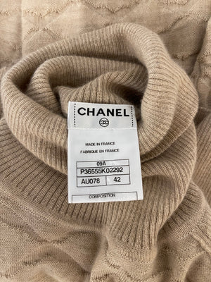 Chanel Beige Cashmere High Neck Diamond Quilted Jumper with CC Logo Detail Size FR 42 (UK 14)