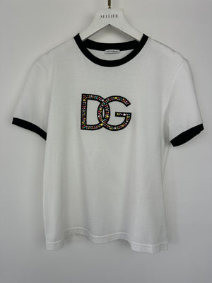 Dolce 
Gabbana White Multi-Coloured Crystal DG Logo T-Shirt Size XS (UK 4-6)