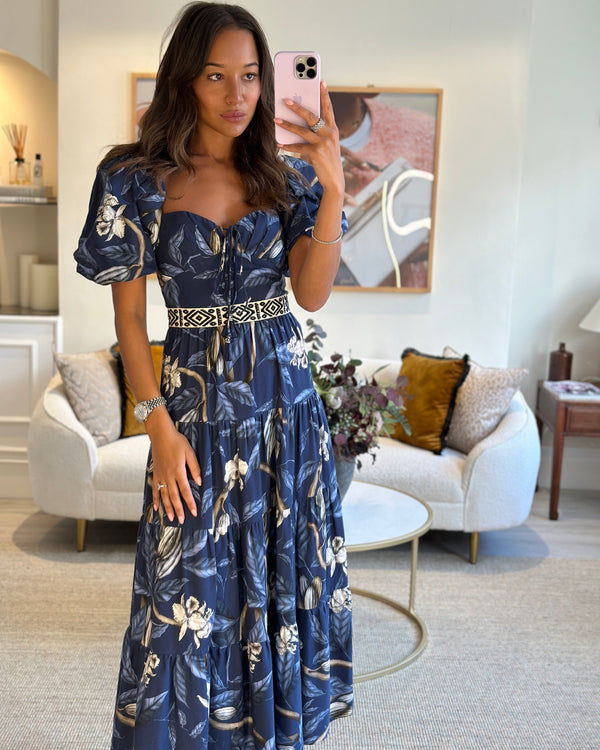 Johanna Ortiz Navy Blue Floral Print Tiered Maxi Dress with Belt Size US 2 (UK 6)