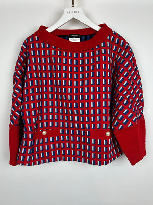 Chanel SS13 Red Knit Jumper with Pearl Pockets 
Blue and White Window Detail Size FR 36 (UK 8)