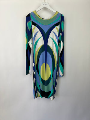 Emilio Pucci Blue, Green and Yellow Long Sleeve Mini Dress with Cut Out Detail IT 44 (UK 12)