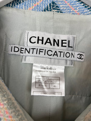 Chanel 00/C Blue and Green Striped Tweed Jacket with Transparent Blue CC Logo Button Details Size FR 46 (UK 18)