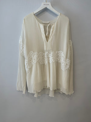 Chloé Cream Long-Sleeve Top with Embroideries and Cut-Out Detail FR 38 (UK 10)