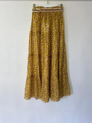 Zimmermann Lemon Leopard Carnaby Tiered Skirt with Raffia Belt Size 1 (UK 10)