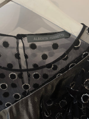 Alberta Ferretti Black Tulle Polka Dot, Silver, and Pink Metallic Mini Dress Size IT 40 (UK 8)