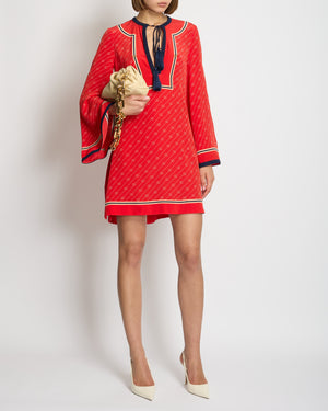 Gucci Red V-Neck Long Sleeve GG Striped Dress with Tassel Detail IT 38 (UK 6)