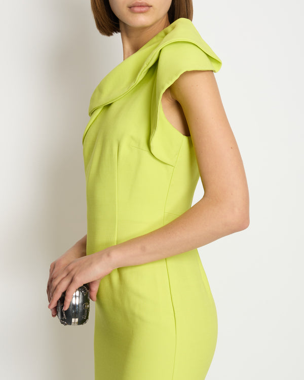 Roland Mouret Lime Green One-Shoulder Midi Dress with Split Metal FR 36 (UK 8)