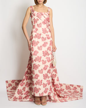 Emilia Wickstead Pale Pink Gown with Dark Pink Floral Print with Long Train Draping Detail Size UK 12