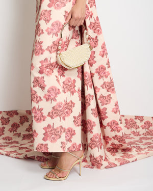 Emilia Wickstead Pale Pink Gown with Dark Pink Floral Print with Long Train Draping Detail Size UK 12