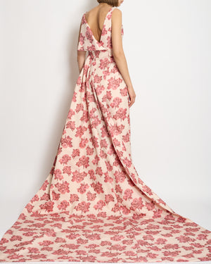 Emilia Wickstead Pale Pink Gown with Dark Pink Floral Print with Long Train Draping Detail Size UK 12