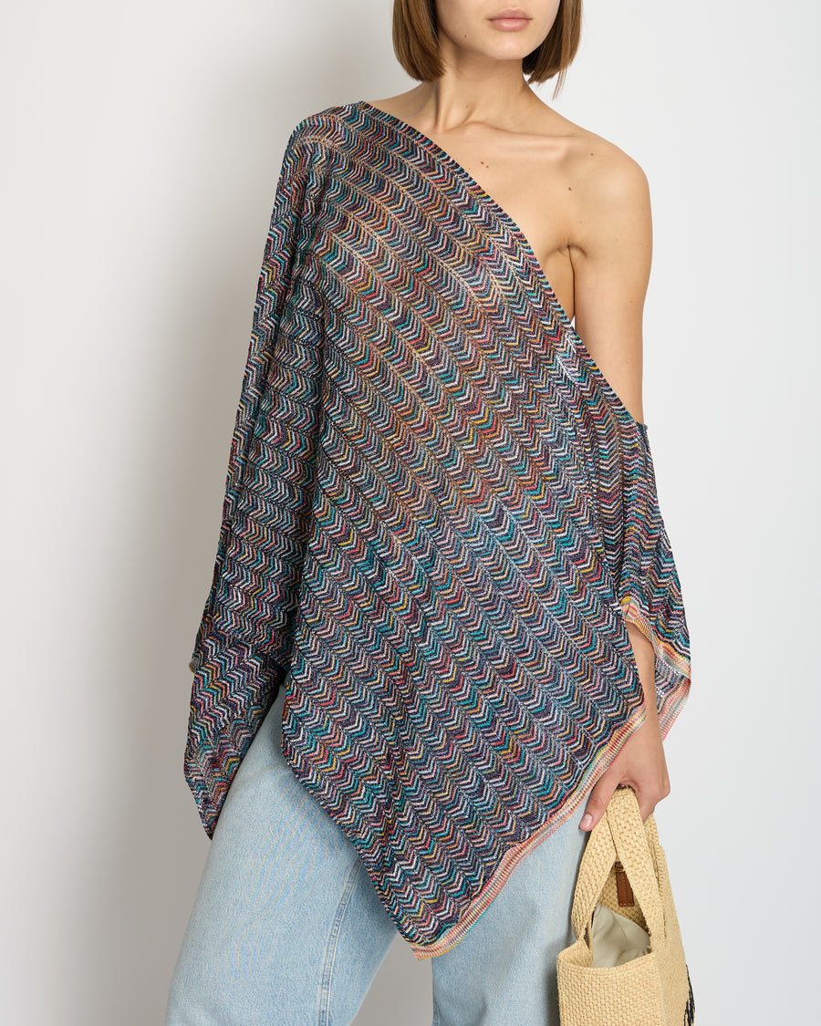 Missoni Blue Lurex Multi Colour Zig Zag Pull Over Poncho Beach Cover Up One Size