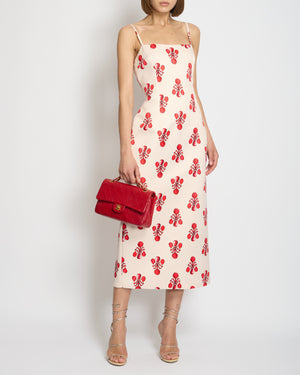 Emilia Wickstead Beige Midi Dress with Abstract Red Printed Detail Size UK 12