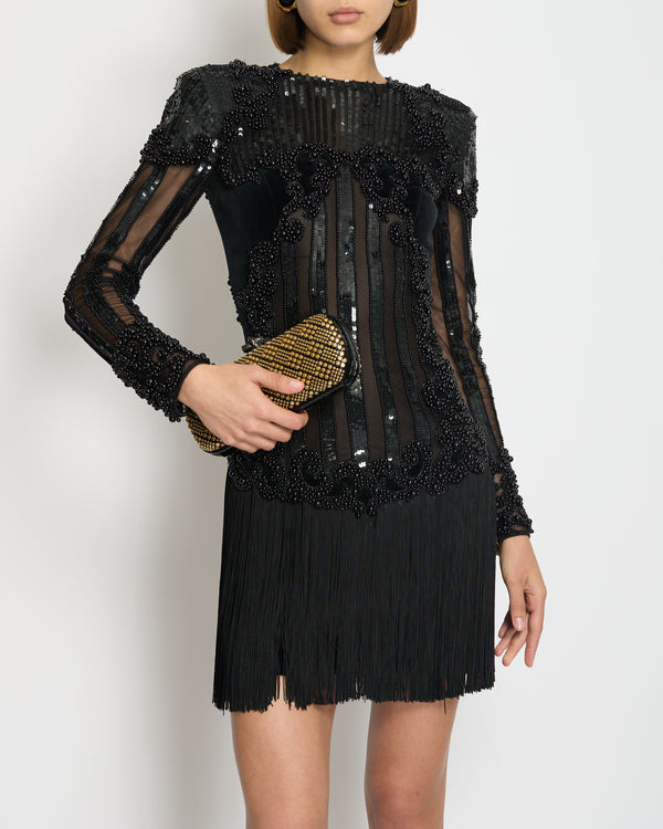 Balmain Black Embellished Long Sleeve Mini Dress with Fringe Detail FR 34 (UK 6)