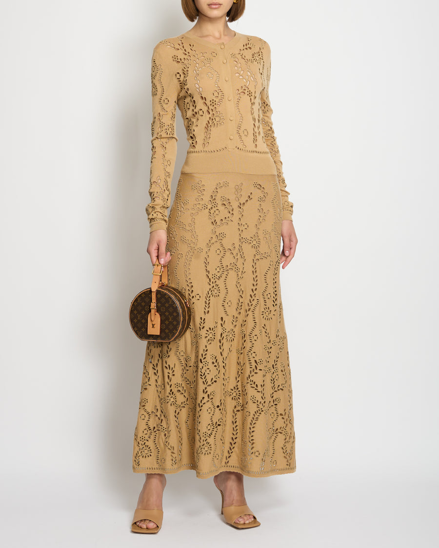 Gabriela Hearst Camel Weider Wool Knit Long Sleeve Midi Dress with Laser Cut-Out Details Size S (UK 10)