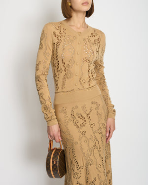 Gabriela Hearst Camel Weider Wool Knit Long Sleeve Midi Dress with Laser Cut-Out Details Size S (UK 10)