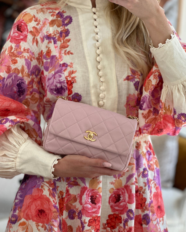 Chanel Baby Pink Mini Flap Bag with Pastel Embellished Chain Detail in Lambskin Leather and Gold Hardware