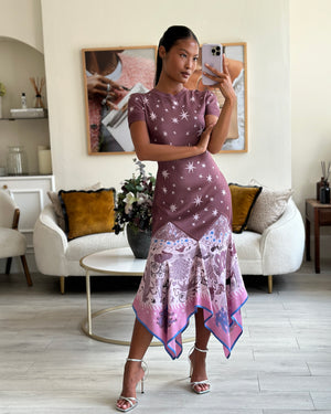 Hermès Purple and Pink Silk Short-Sleeve Maxi Dress with Star Details Size FR 36 (UK 8)