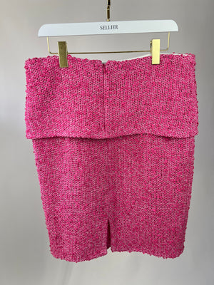 *HOT* Chanel 21C Pink Tweed Jacket and Skirt Set with CC Logo Buttons Size FR 42 (UK 14)