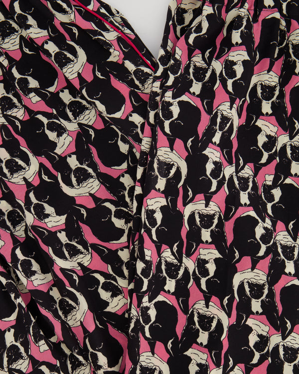 Gucci Pink and Black Silk Bulldog Printed Trousers Size IT 42 (UK 10)