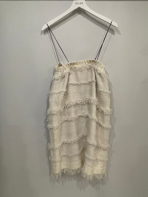 Chanel Cream Tweed Mini Dress with Tulle Frayed Details and Black Crystal Star Buttons Size FR 40 (UK 12)