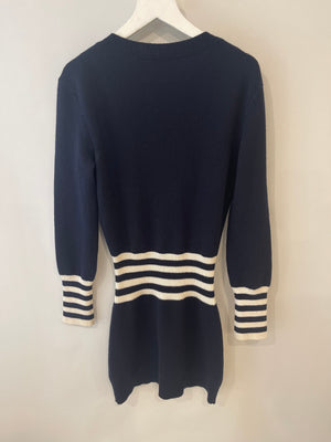 Chanel Navy and White Striped Long-Sleeve Cashmere Mini Dress with CC Logo Button Detail Size FR 34 (UK 6)