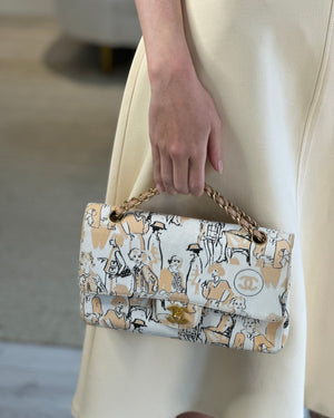 Chanel Peach and White Vintage Coco Print Classic Medium Double Flap Bag in Fabric with Brushed Gold Hardware