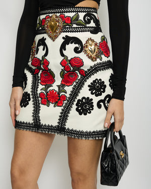 Dolce 
Gabbana White Leather Floral Embroidered Skirt with Embellished Heart Detail IT 40 (UK 8)