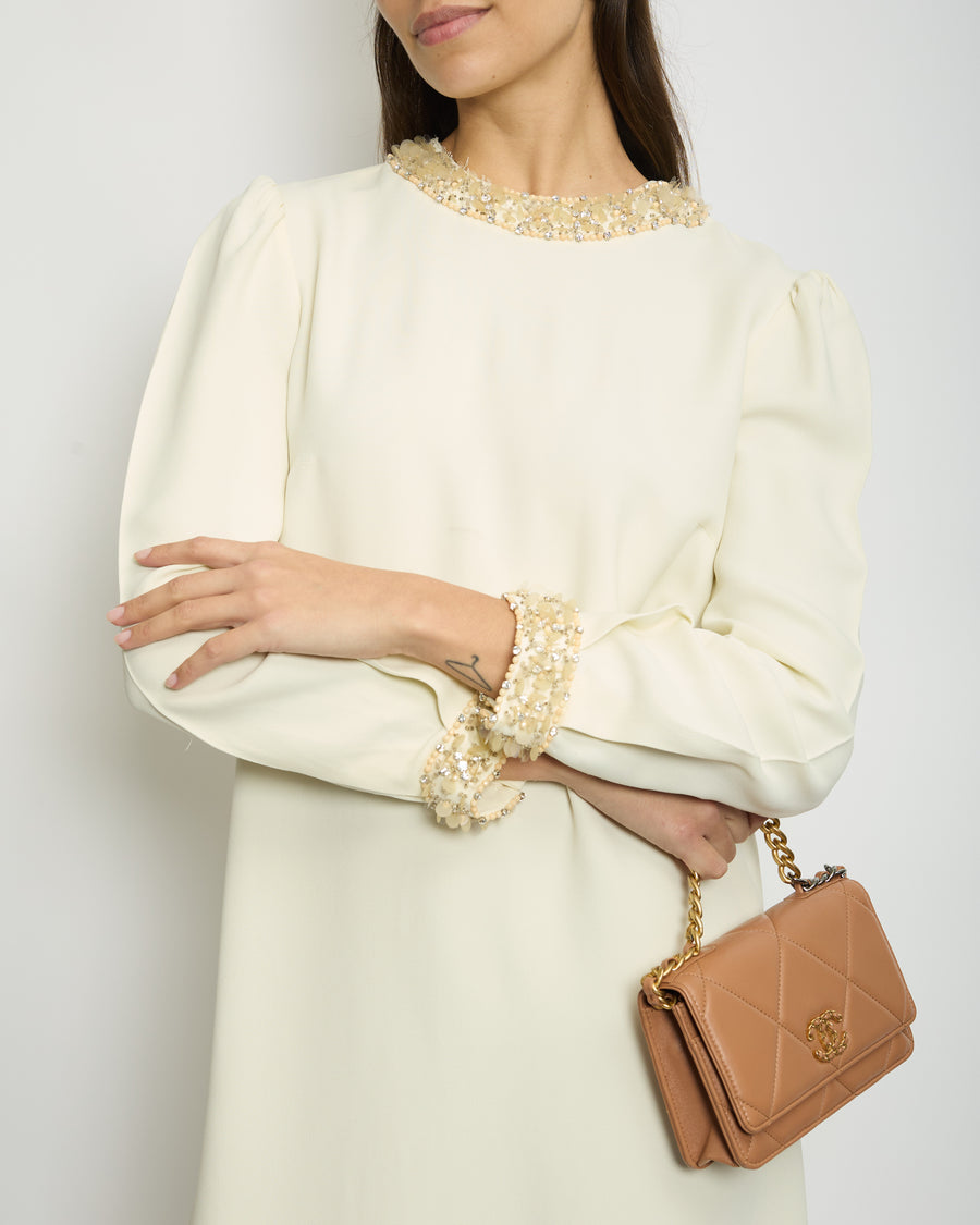 Miu Miu Cream Long-Sleeve Midi Dress with Crystal Embellishments Size IT 42 (UK 10)