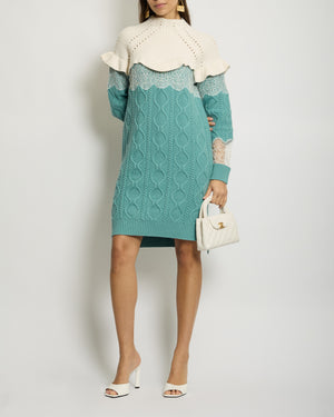 Fendi Light Blue and White Cashmere Cableknit Midi Dress with Lace Details Size IT 38 (UK 6) RRP £1,650